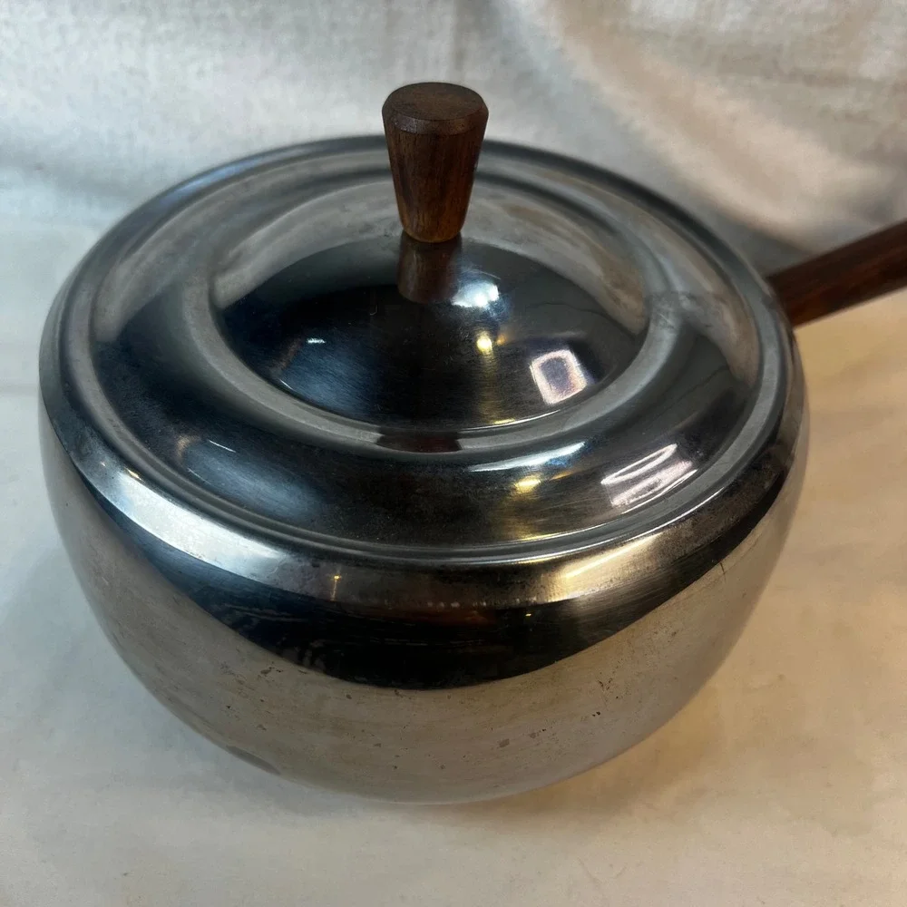 Vintage Stainless Steel Fondue Pot Wood Handle MCM Sauce Pan Made in‎ Japan